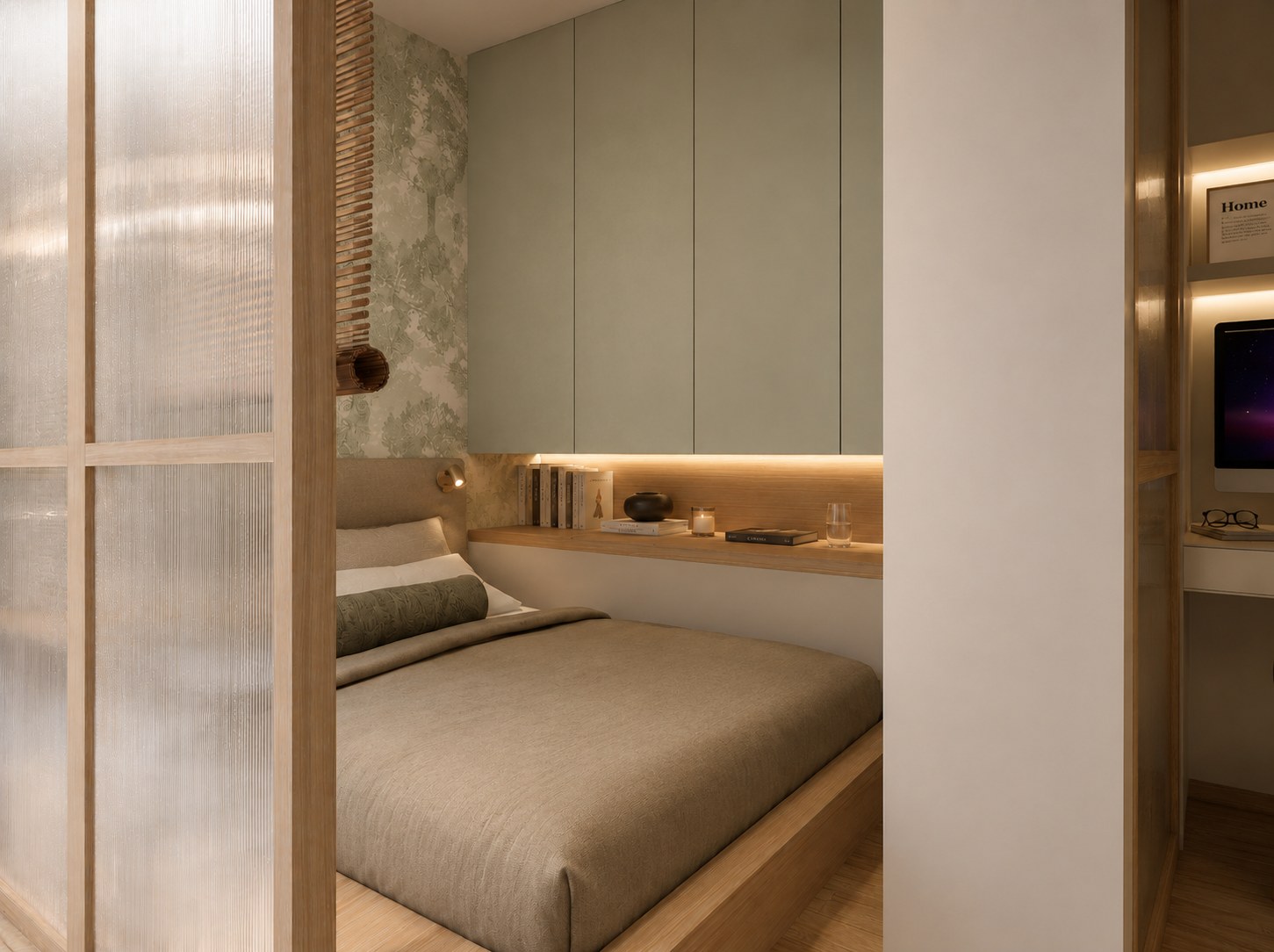 New bedroom with custom bed and wall cabinets