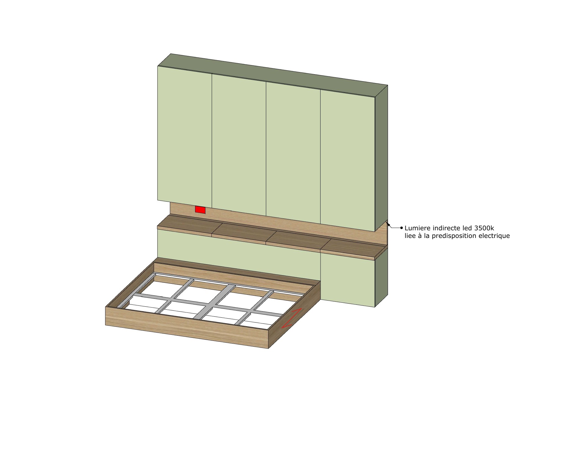 Technical axonometric drawing of the custom bed and wall cabinets