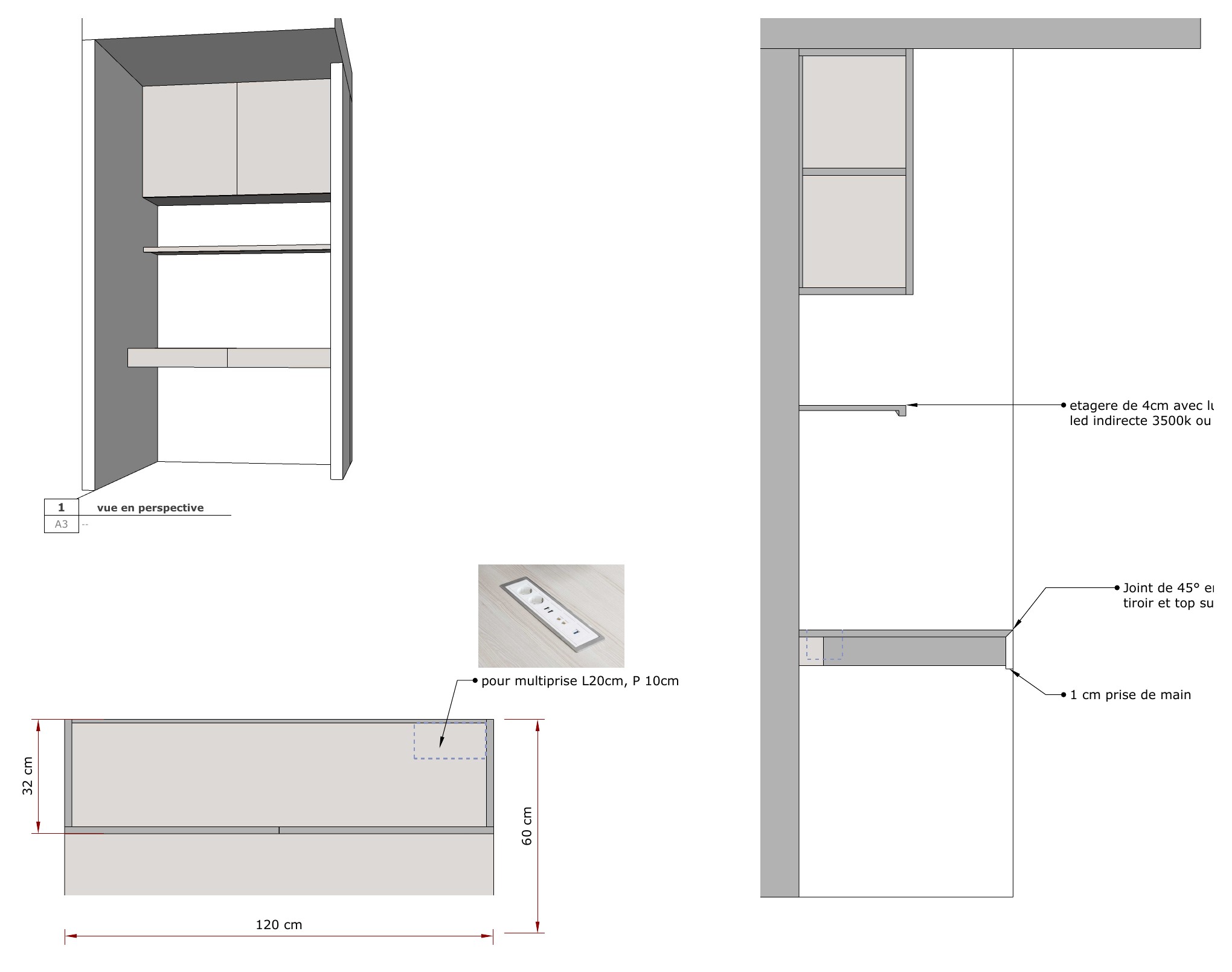 Technical drawing of the custom workspace with perspective, plan and section