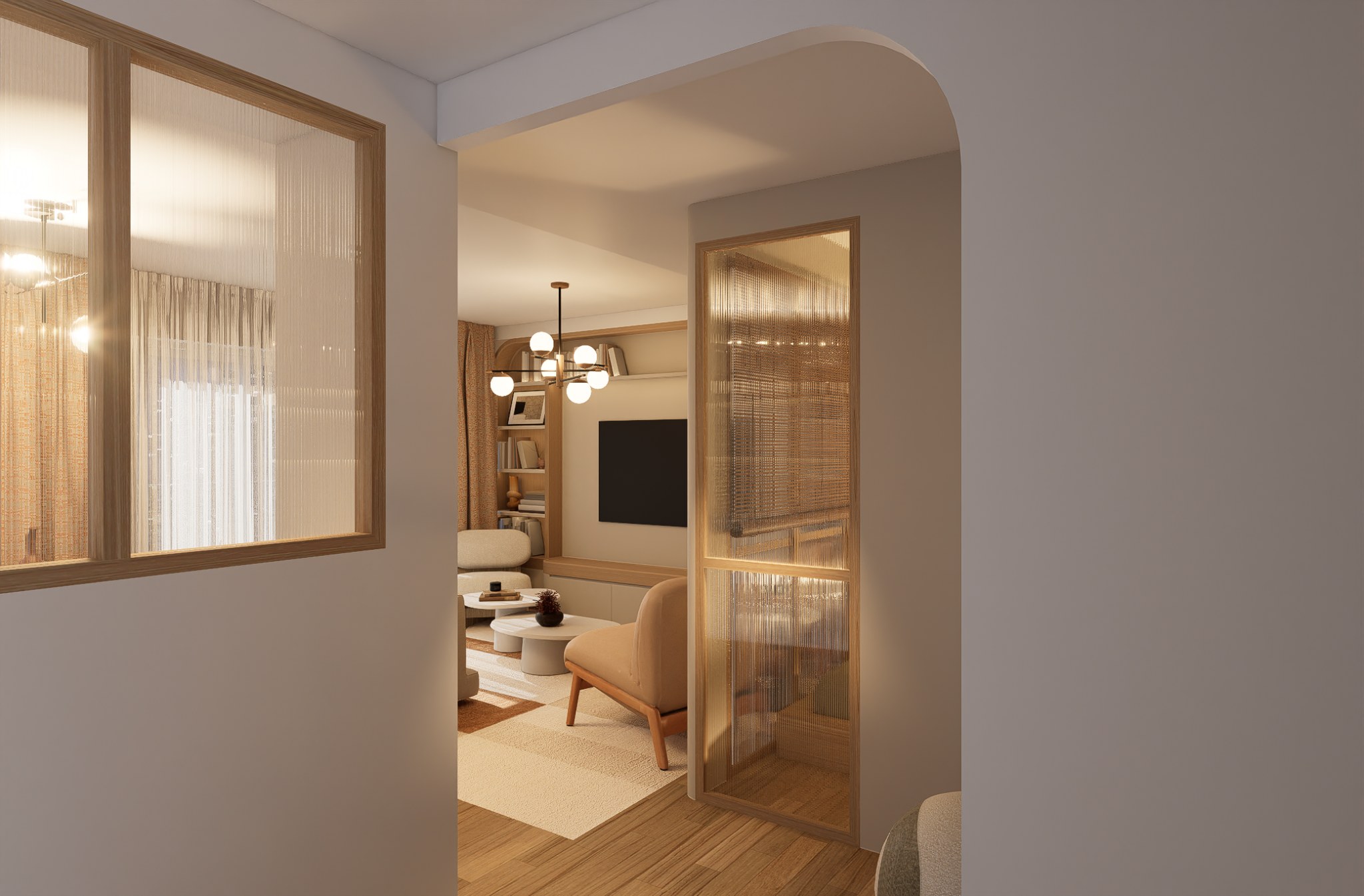 View through the curved opening and fluted glass partition