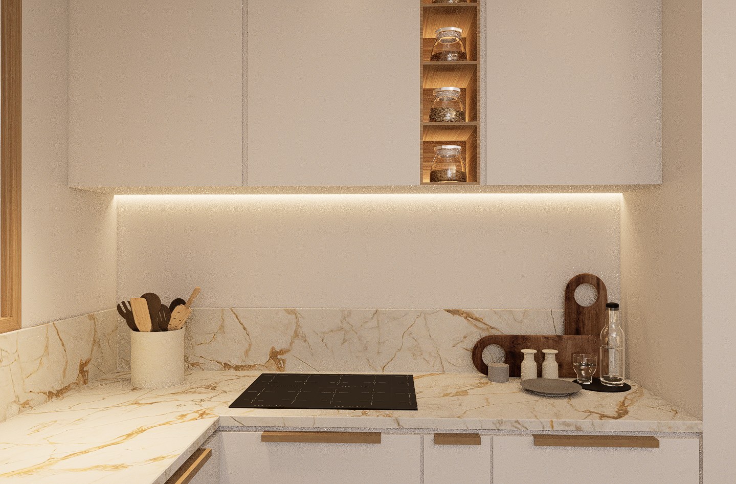 Renovated kitchen with marble-effect surfaces and integrated lighting