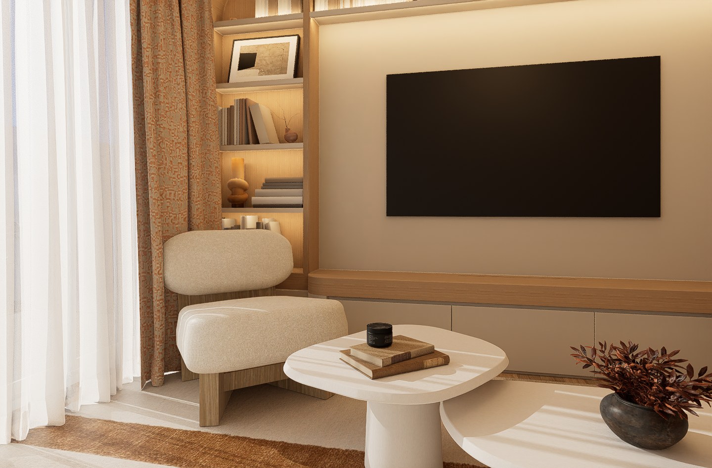 Custom integrated library and television wall detail