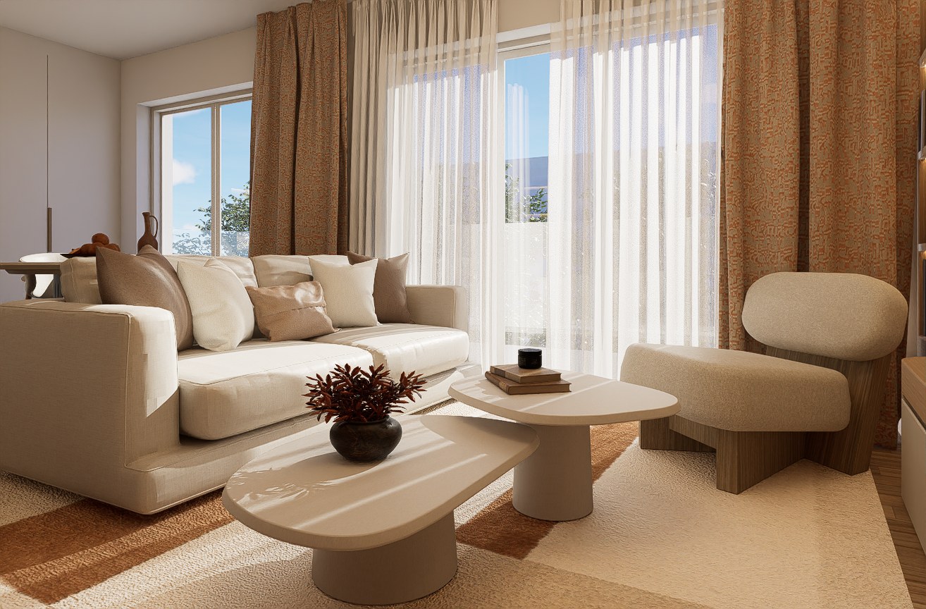 Bright living room with sofa, lounge chair and layered curtains