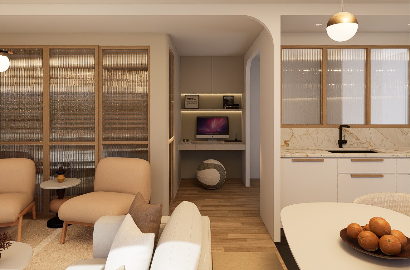 Integrated workspace between the living room and kitchen