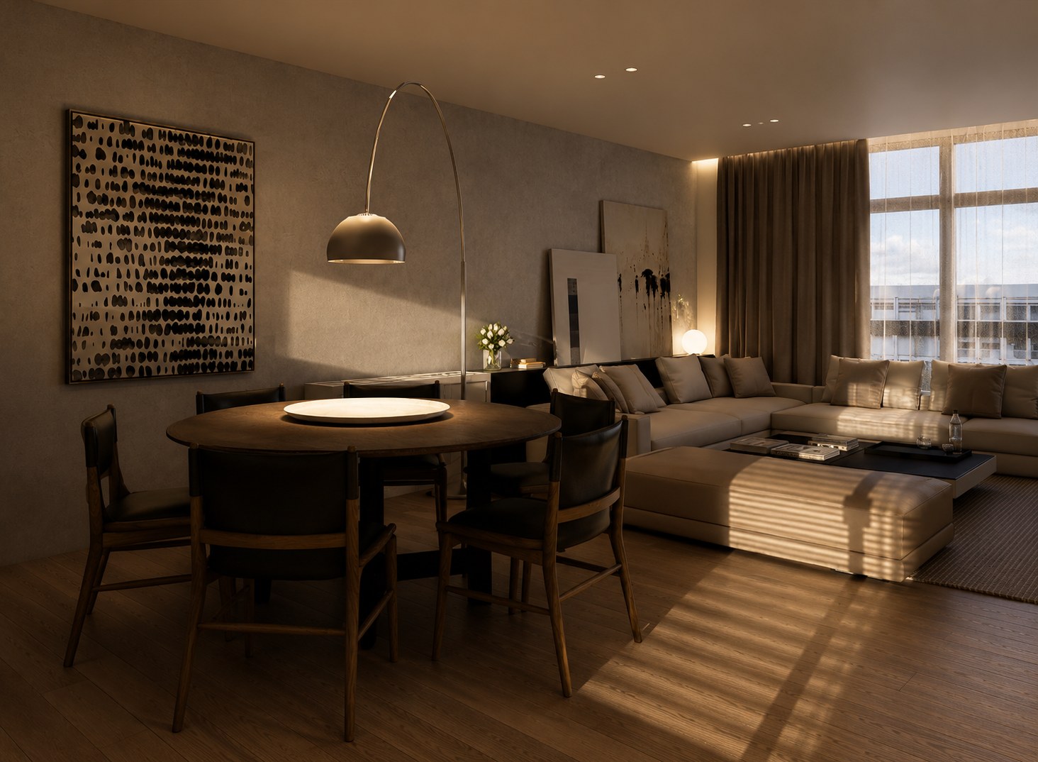 Loft Milan living and dining room in warm evening light
