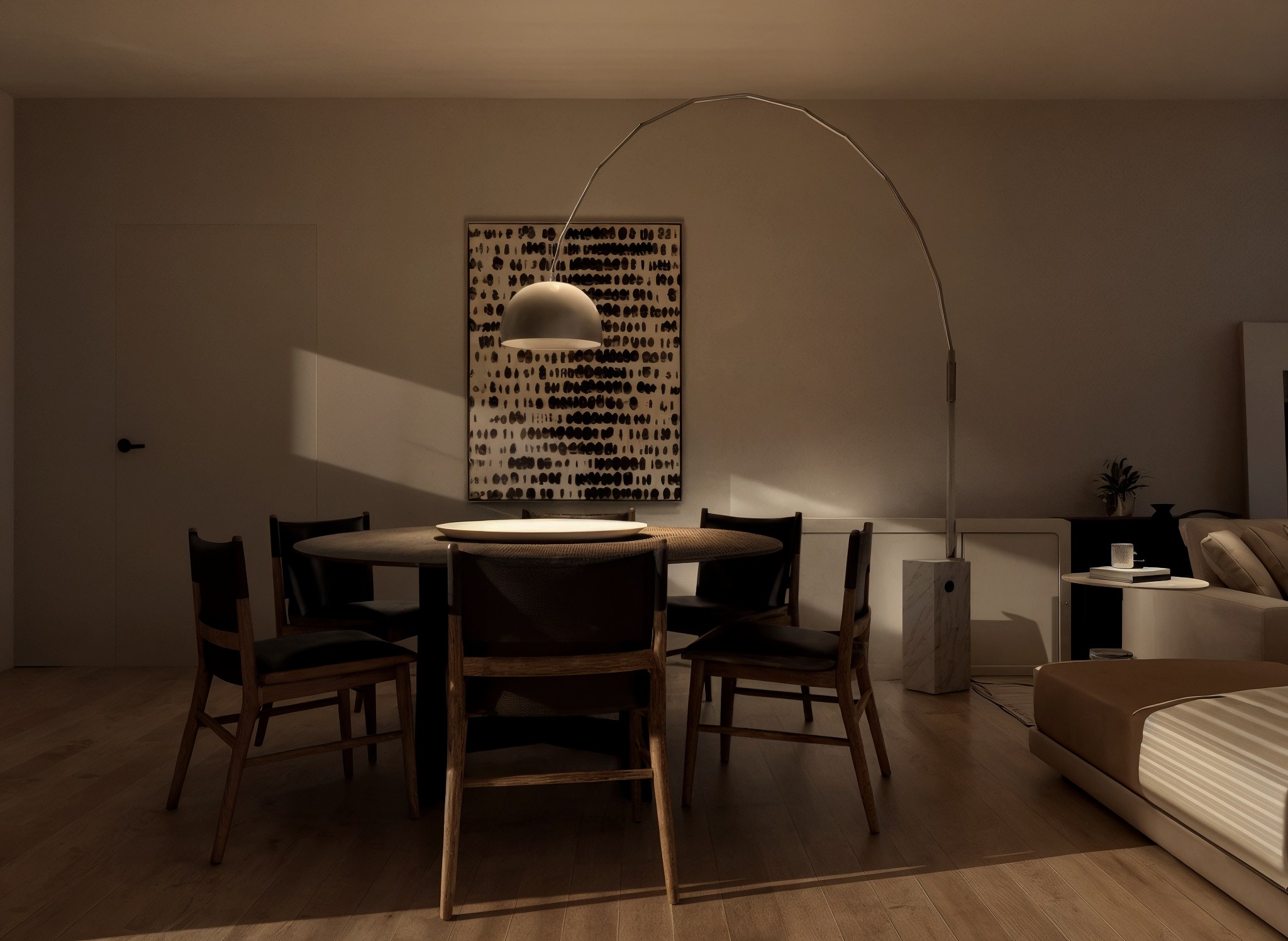 Dining area with arc floor lamp