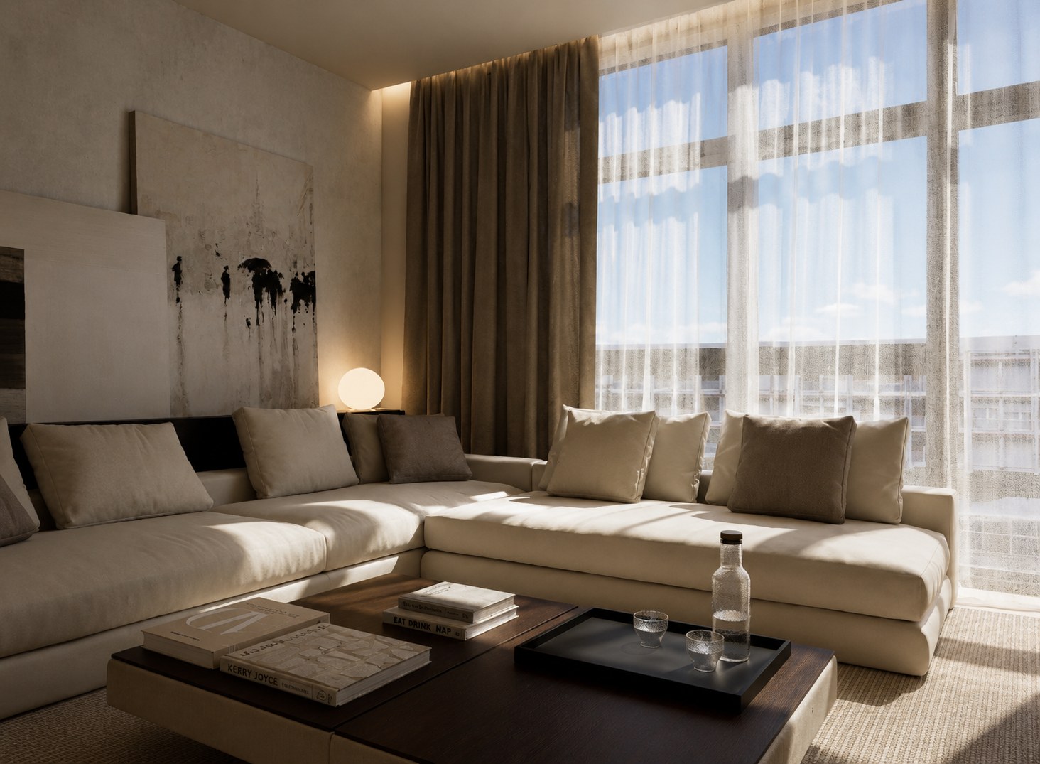 Living room seating area beside the large window