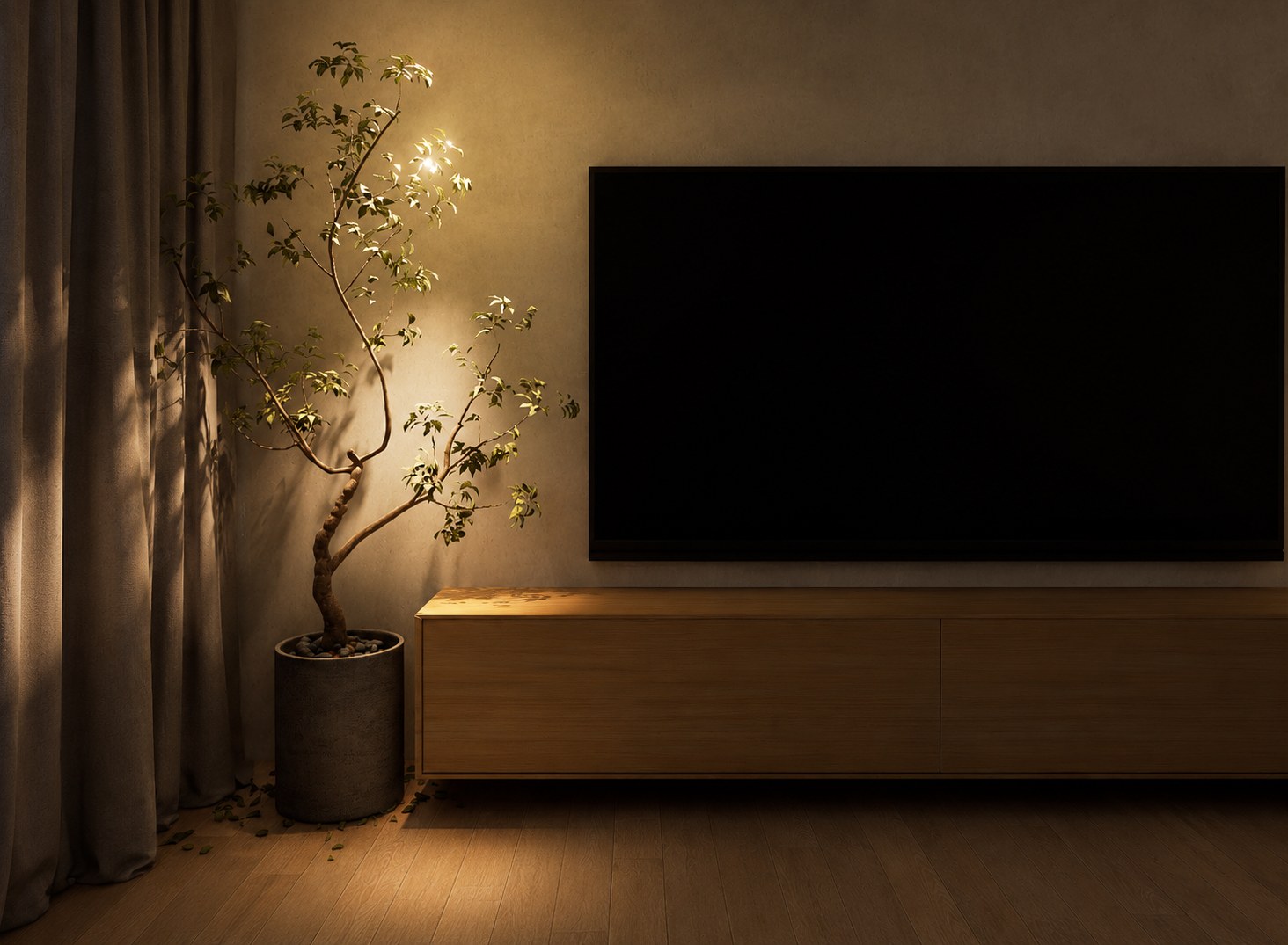 Television wall detail with integrated cabinet and tree
