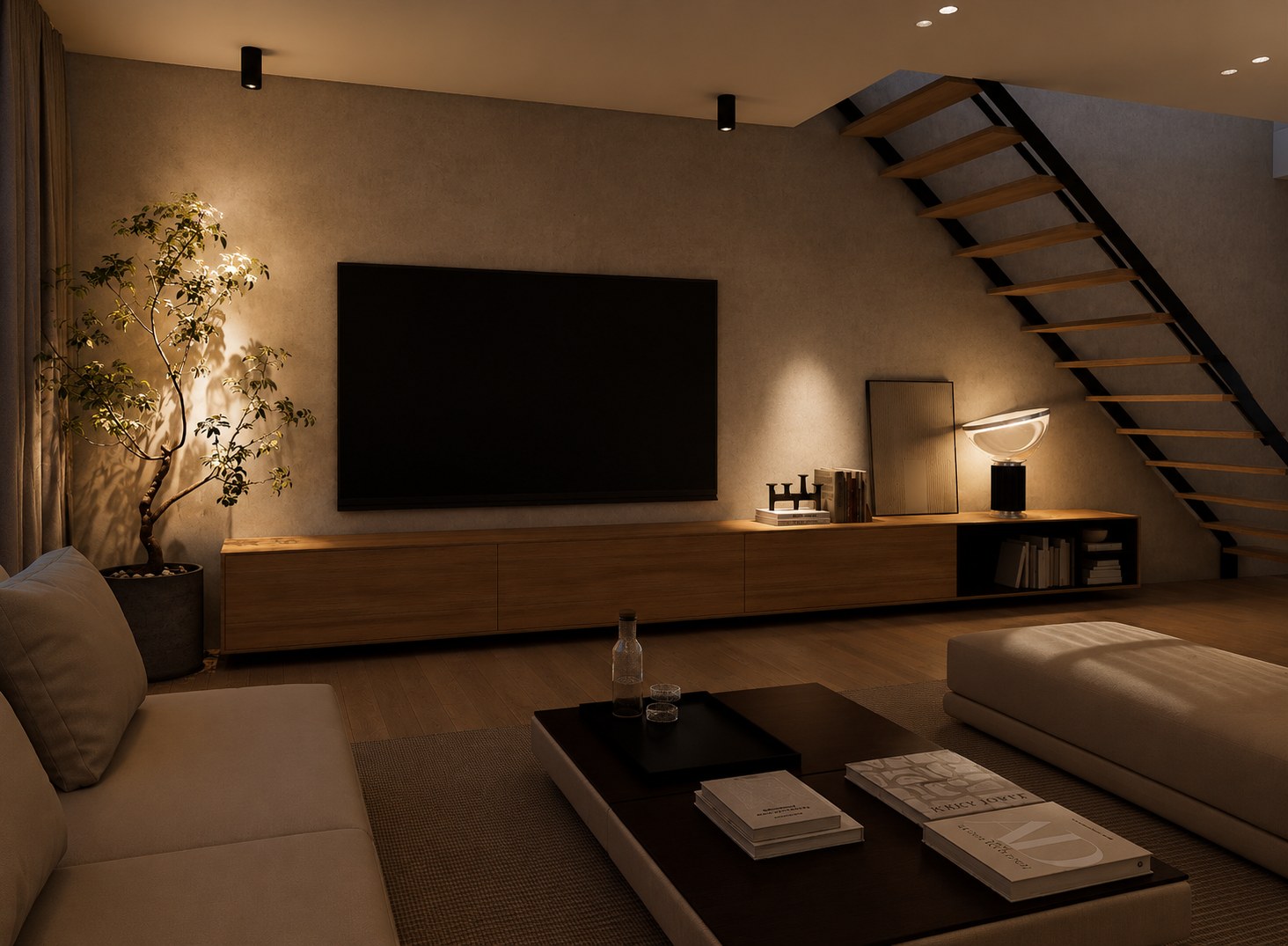 Living room television wall and open staircase