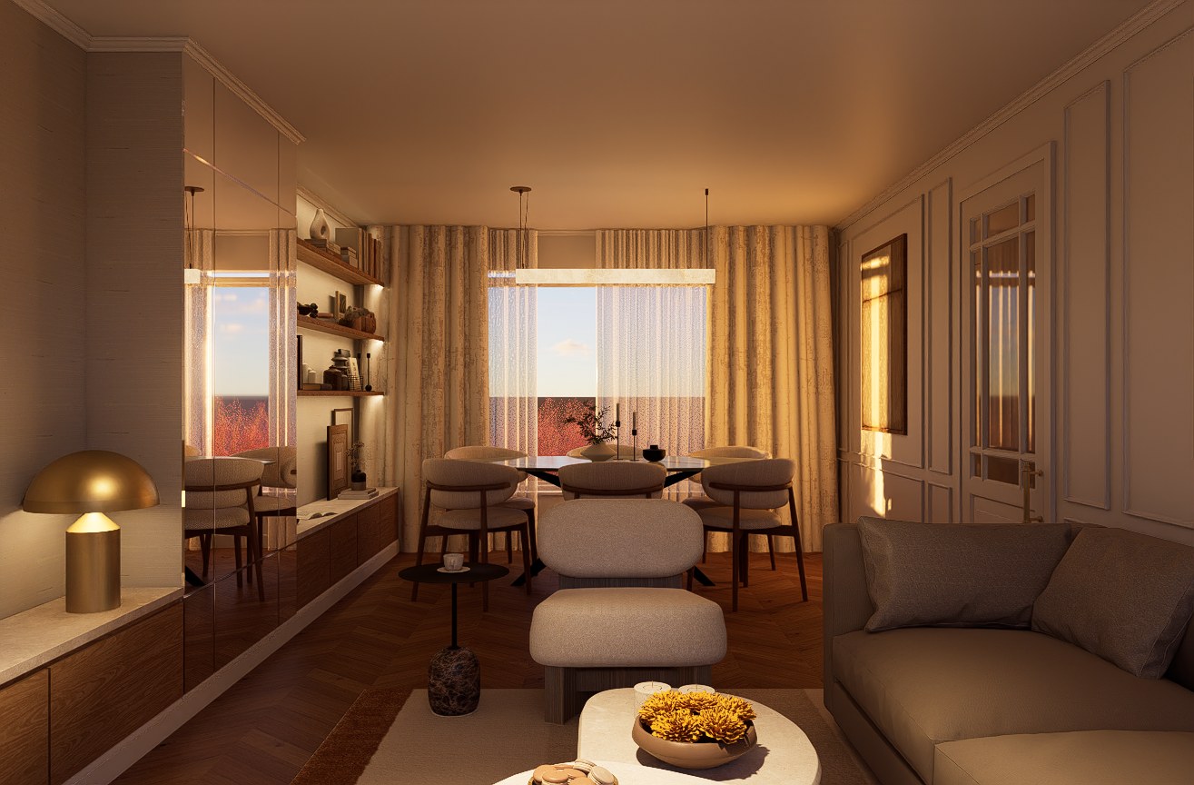 Mechelen House living and dining room in evening light
