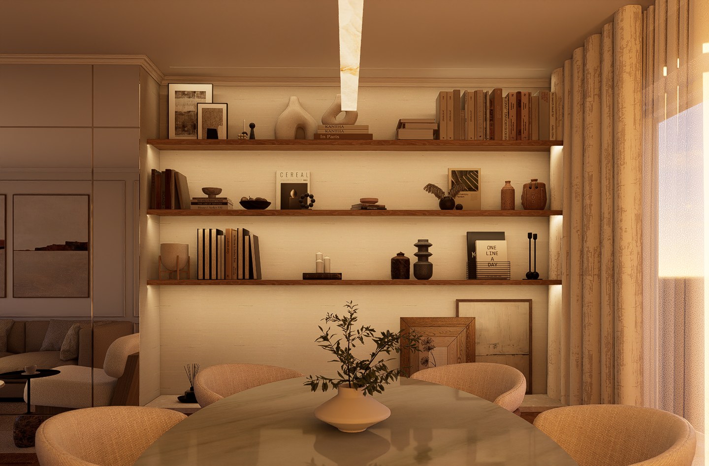 Dining area with illuminated wall shelves