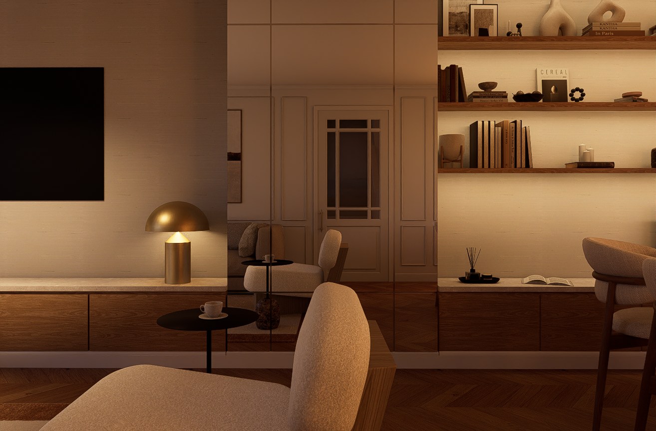 Mirrored wall and integrated storage