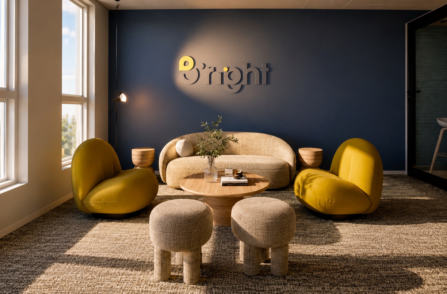 Paris office lounge with deep blue wall, yellow lounge chairs and soft sofa